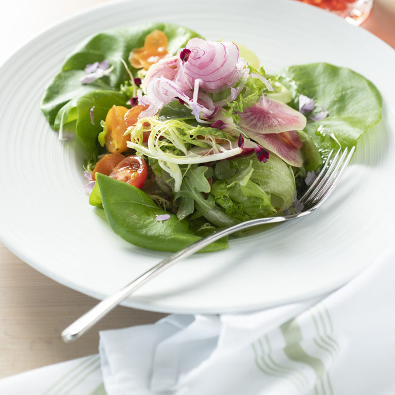 Little Fern Salad; tender greens, seasonal vegetables, herb and citrus vinaigrette.