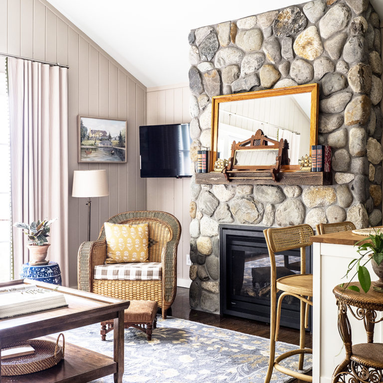 cottage living room with fireplace