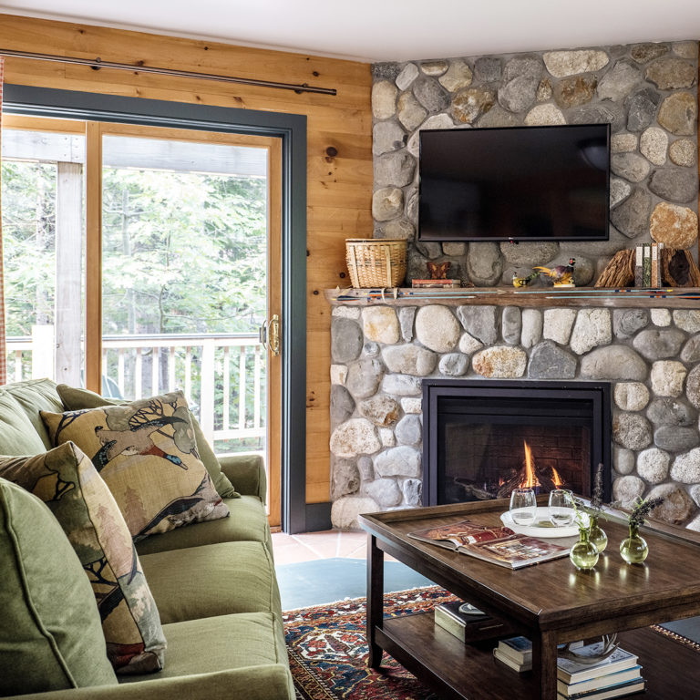 Pinecone cottage living room with fireplace